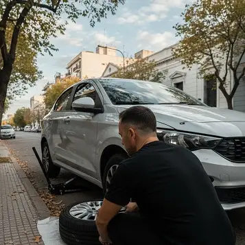  Chofer de Grúa Mendoza cambiando la rueda de un auto