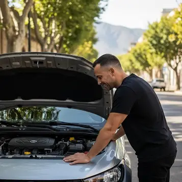 Chofer de Grúa Mendoza revisando el motor de un auto