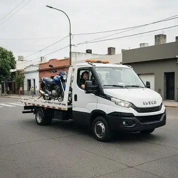 Grúa circulando por una calle de Mendoza remolcando moto