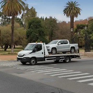 Grúa remolcando camioneta gris