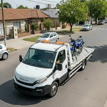 Grúa remolcando moto azul